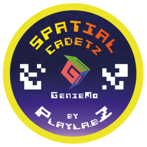 A graphic image. A multicoloured disc, predominantly yellow and gradations of purple, hold a small cube like logo. Surrounding that are the words, Spatial Cadetz, GenieMo by Playlabz.'